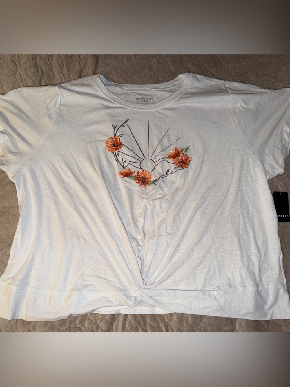 torrid White Short Sleeve Tee with Orange Floral Sun Embroidery